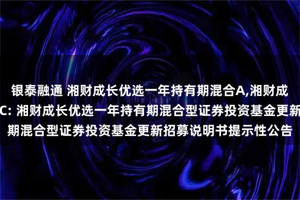 银泰融通 湘财成长优选一年持有期混合A,湘财成长优选一年持有期混合C: 湘财成长优选一年持有期混合型证券投资基金更新招募说明书提示性公告